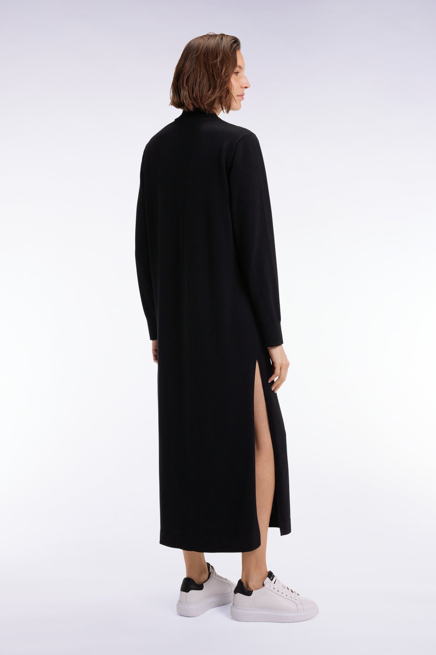 Black merino wool dress with polo collar