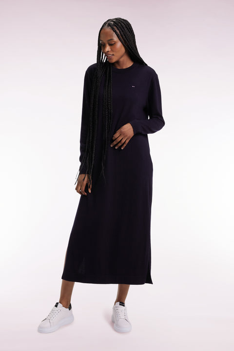 Round-neck dress in navy merino wool - Image 1
