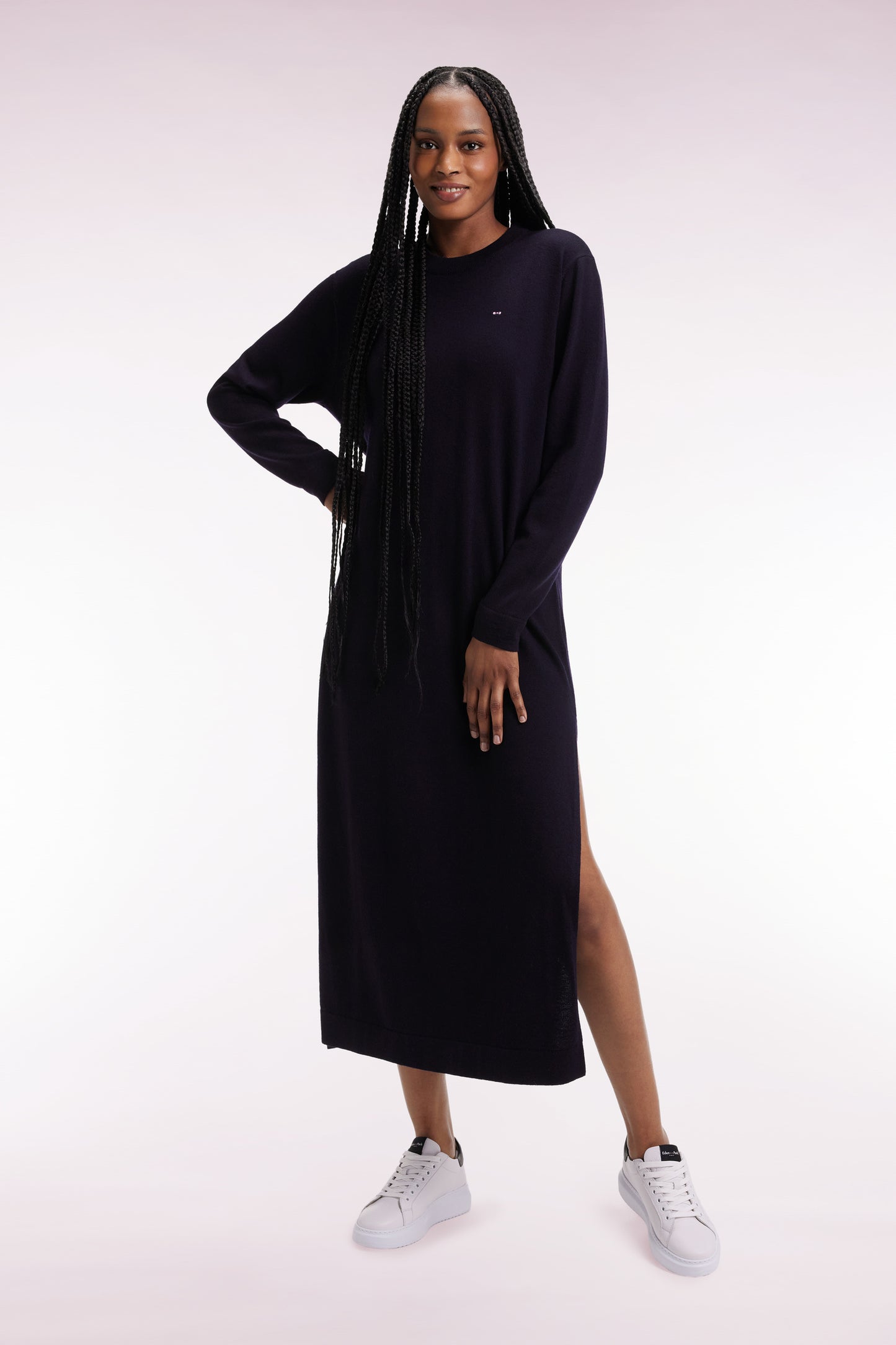 Round-neck dress in navy merino wool