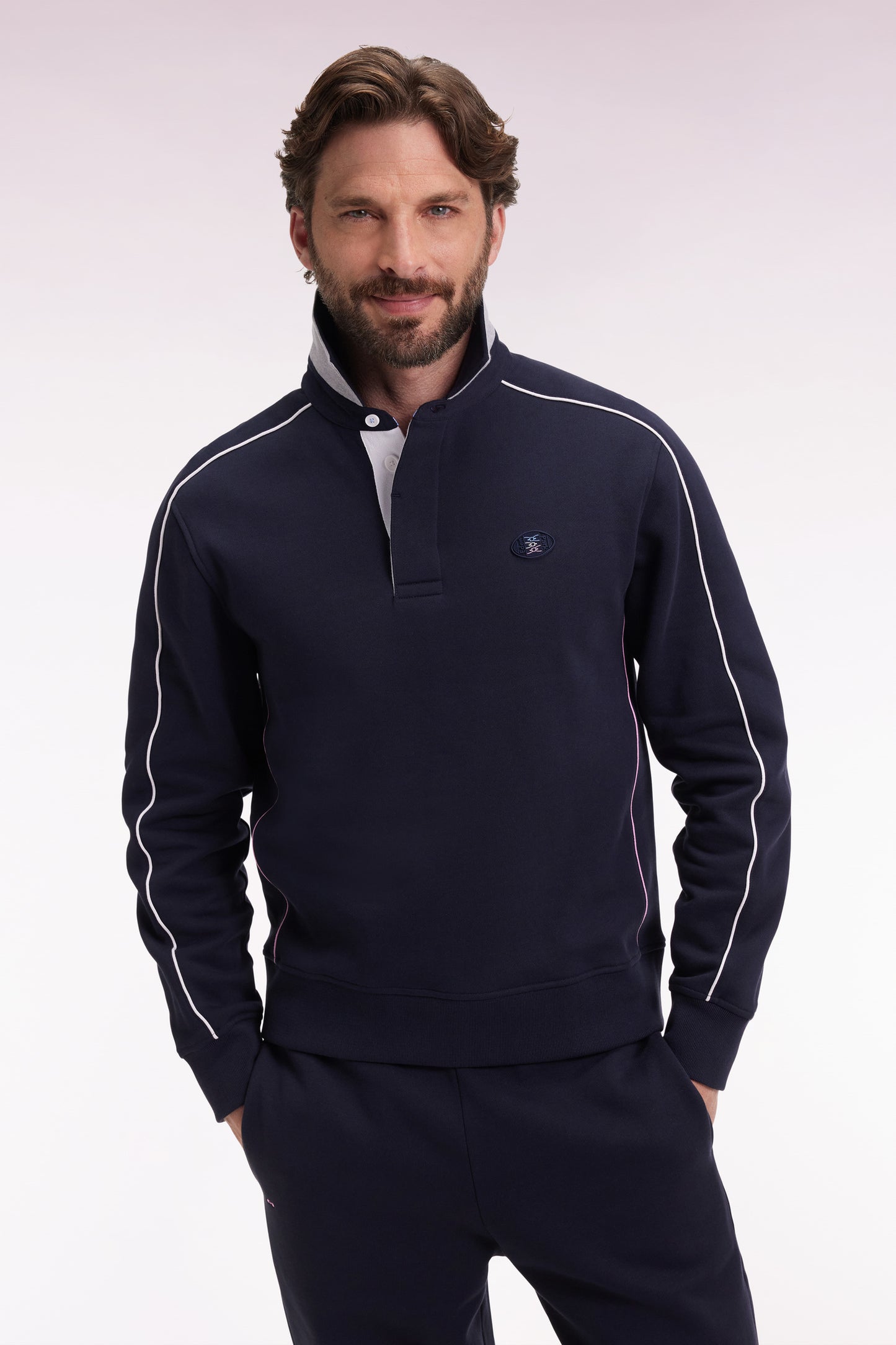 Shirt-neck sweatshirt in navy brushed fleece