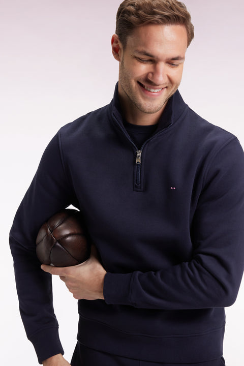 High-neck zip-up sweatshirt in navy cotton fleece - Image 1
