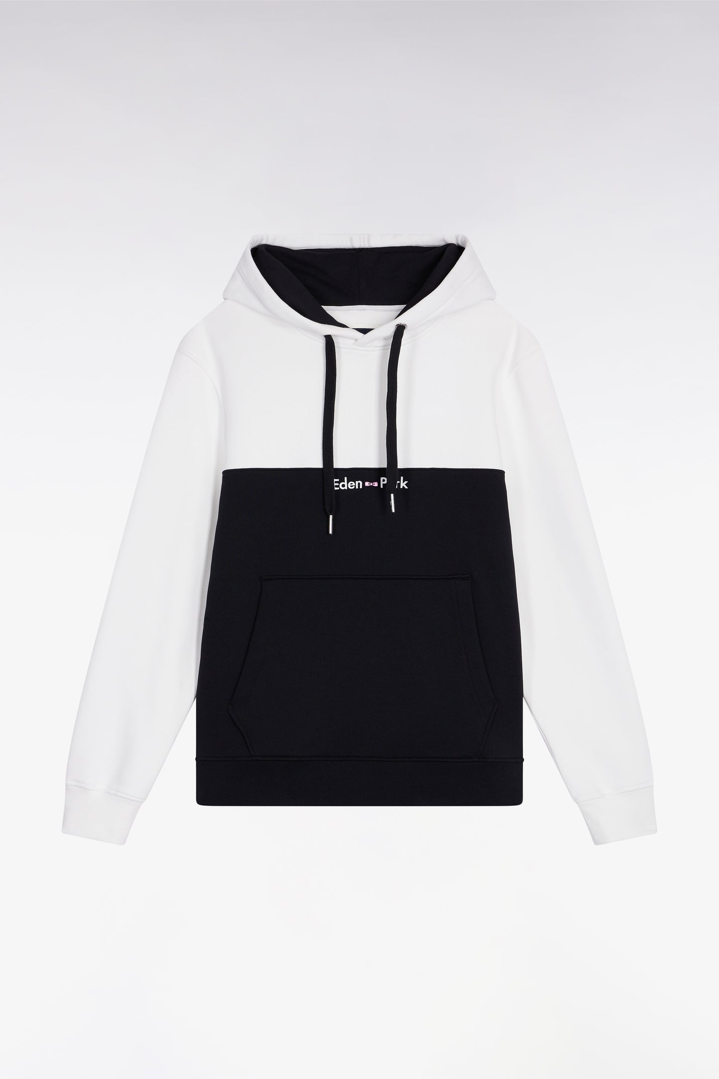 White two-tone hooded sweatshirt, straight cut