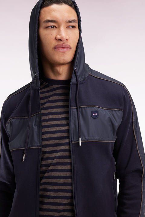 Zip-up hooded sweatshirt in navy and beige fleece and nylon - Image 1