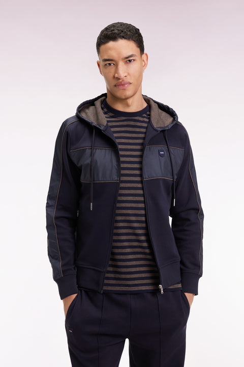 Zip-up hooded sweatshirt in navy and beige fleece and nylon - Image 3