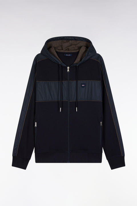 Zip-up hooded sweatshirt in navy and beige fleece and nylon - Image 2