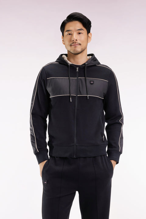 Zip-up hooded sweatshirt in black and beige fleece and nylon - Image 3
