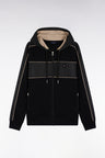 Zip-up hooded sweatshirt in black and beige fleece and nylon