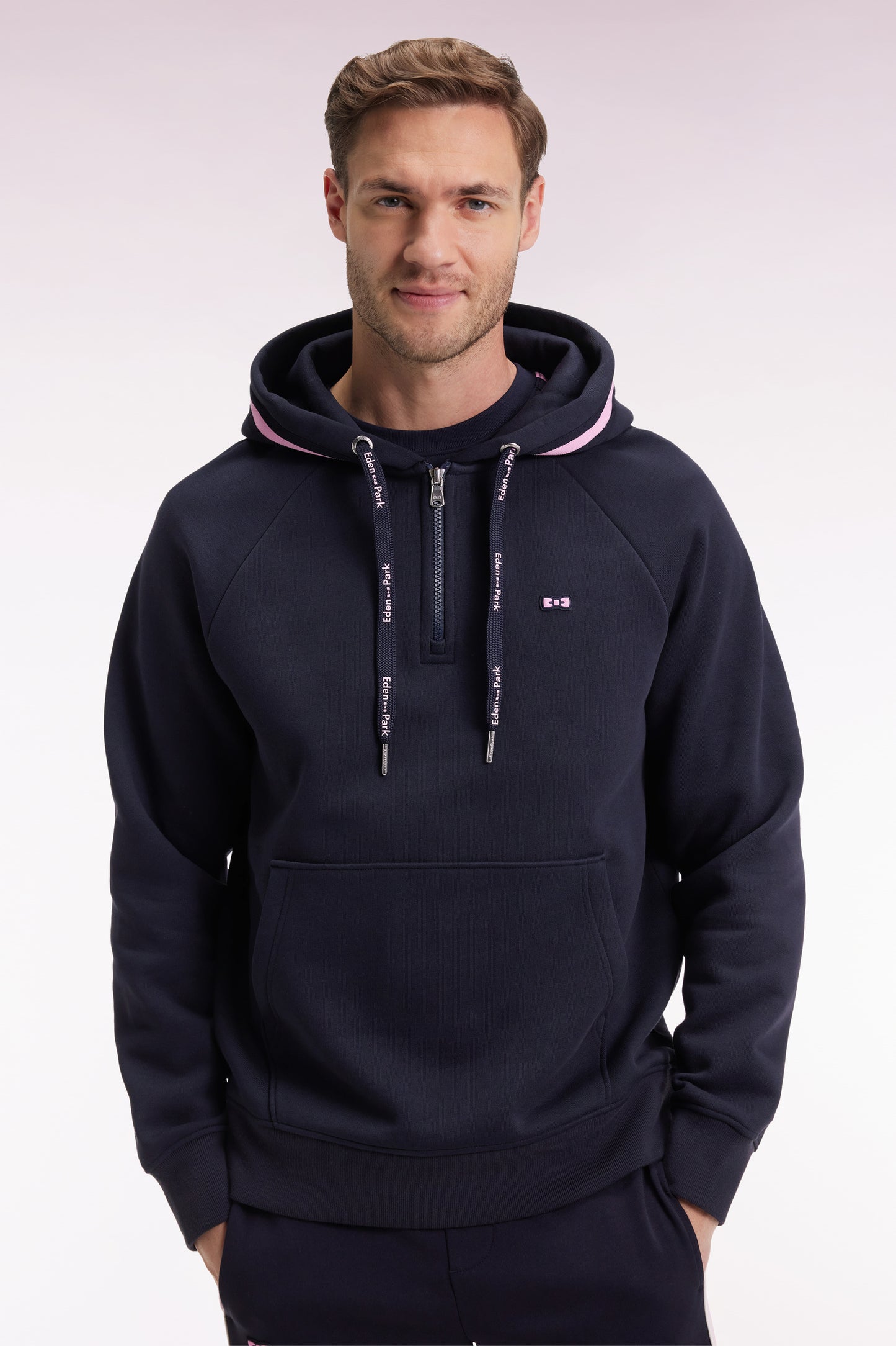 Relaxed fit navy cotton blend fleece hooded sweatshirt