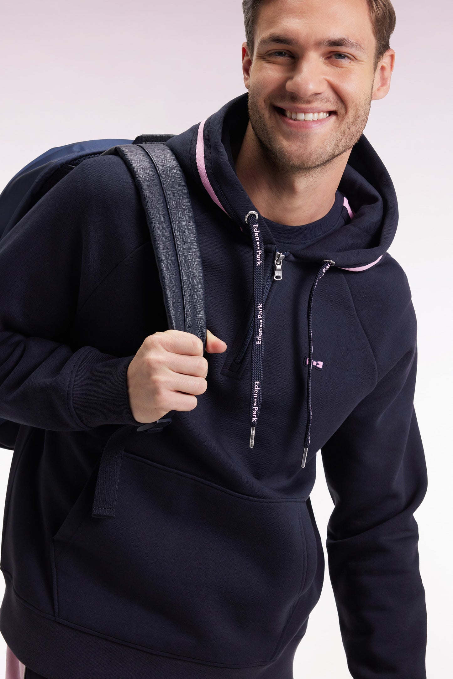 Relaxed fit navy cotton blend fleece hooded sweatshirt