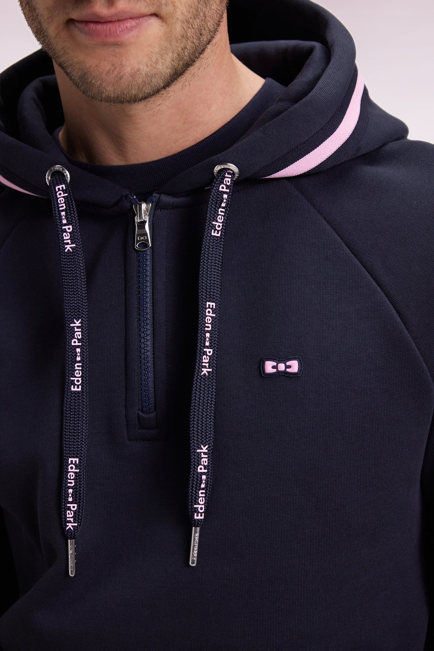 Relaxed fit navy cotton blend fleece hooded sweatshirt