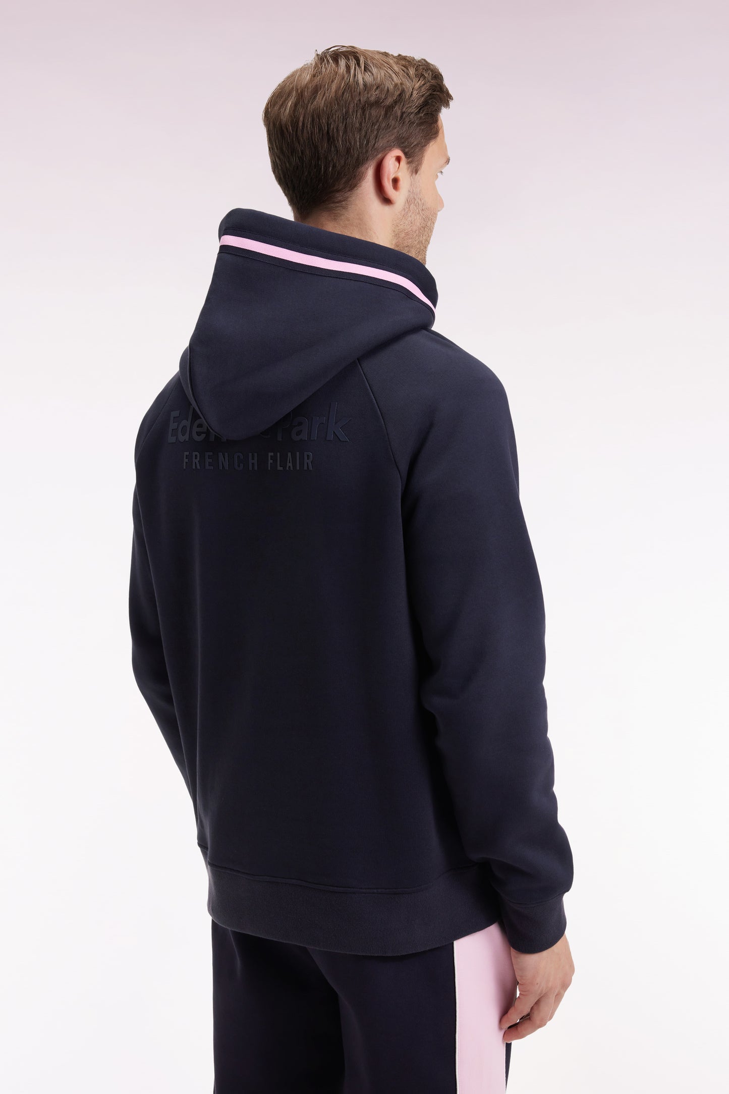Relaxed fit navy cotton blend fleece hooded sweatshirt