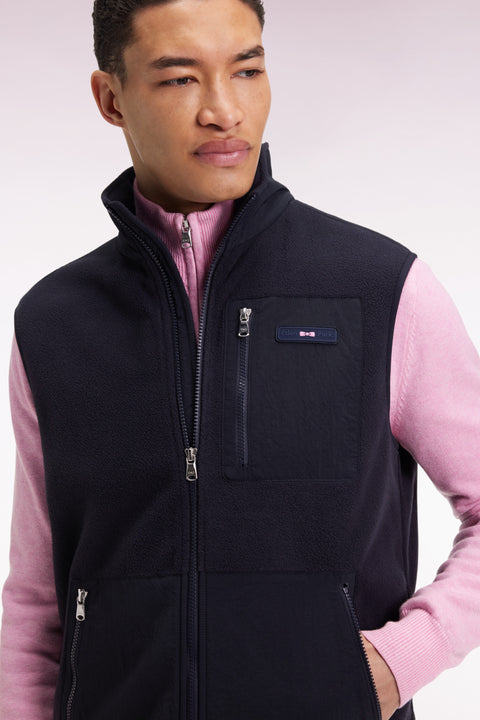 Sleeveless zip-up hooded sweatshirt in navy with straight cut. - Image 1