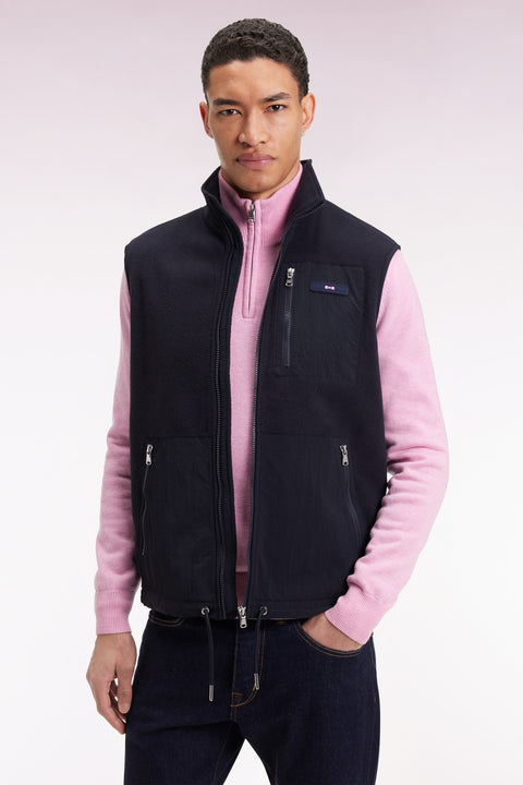 Sleeveless zip-up hooded sweatshirt in navy with straight cut. - Image 3