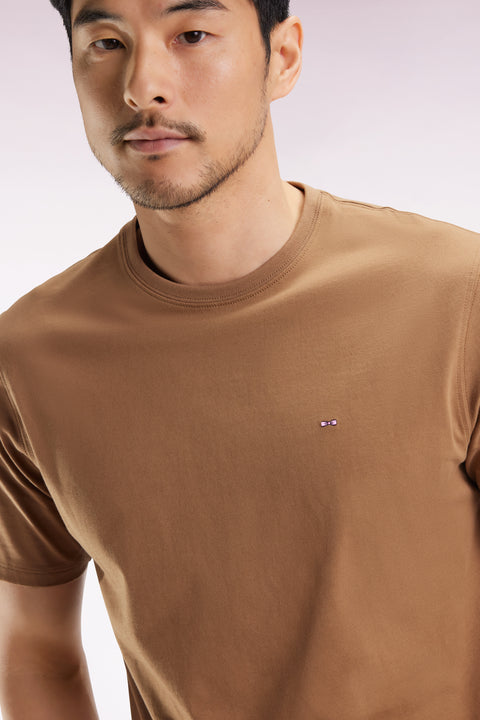 Short-sleeved round-neck T-shirt in camel Pima cotton - Image 1