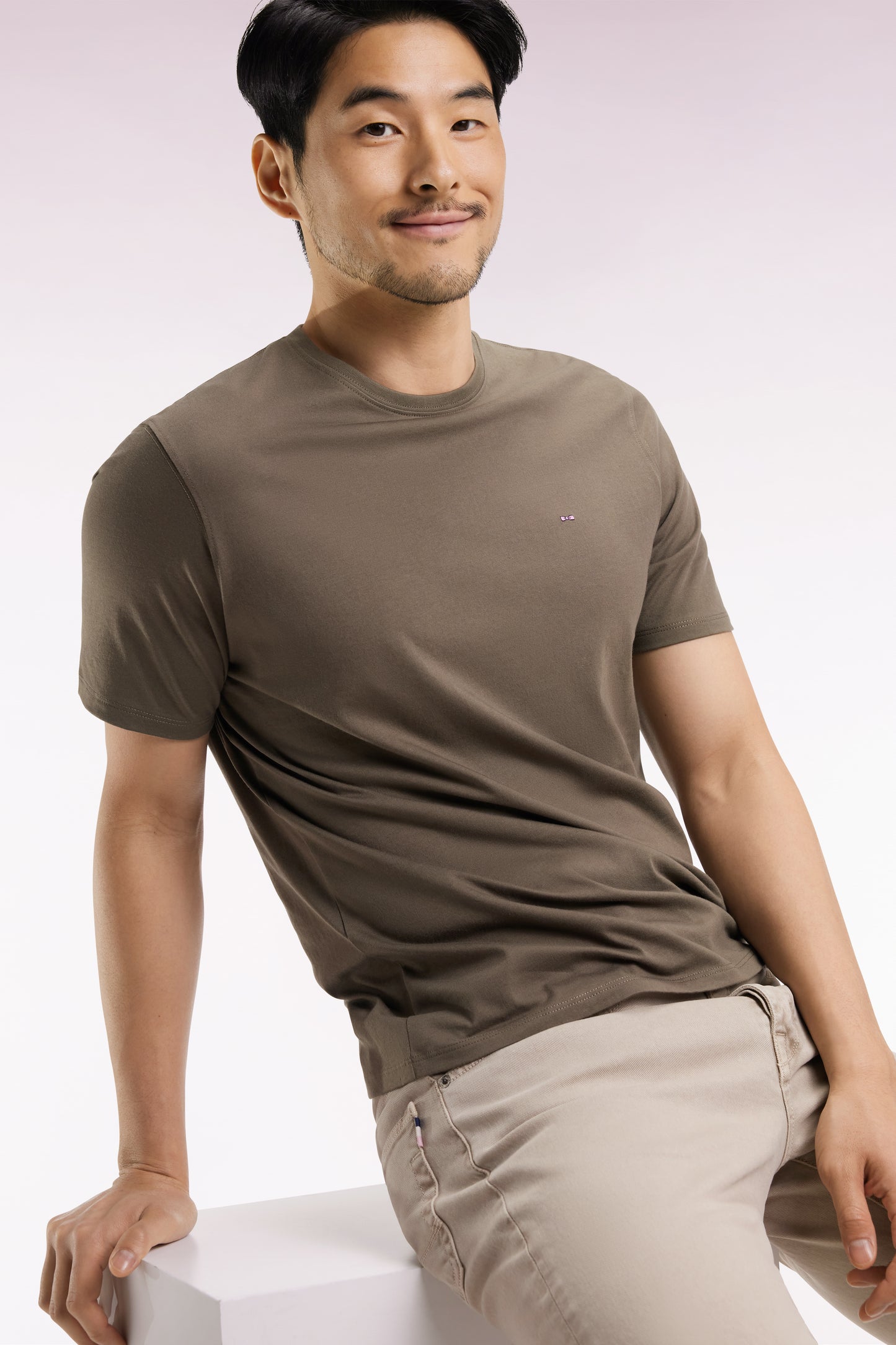 Short-sleeved round-neck T-shirt in khaki Pima cotton