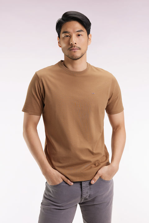 Short-sleeved round-neck T-shirt in camel Pima cotton - Image 3