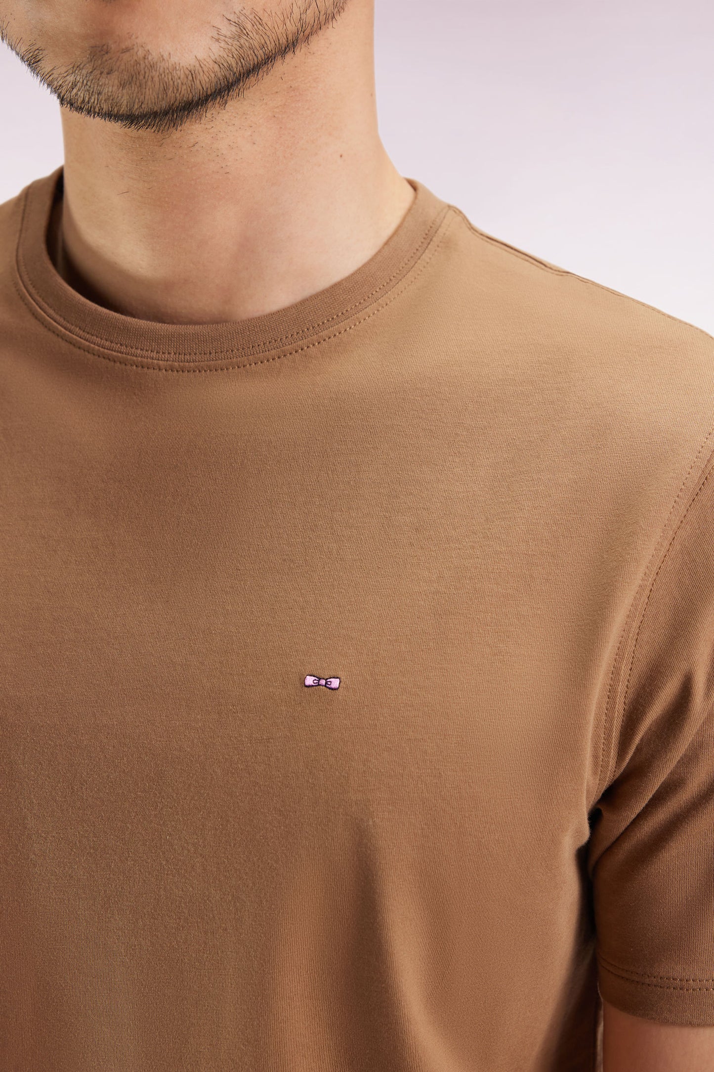 Short-sleeved round-neck T-shirt in camel Pima cotton