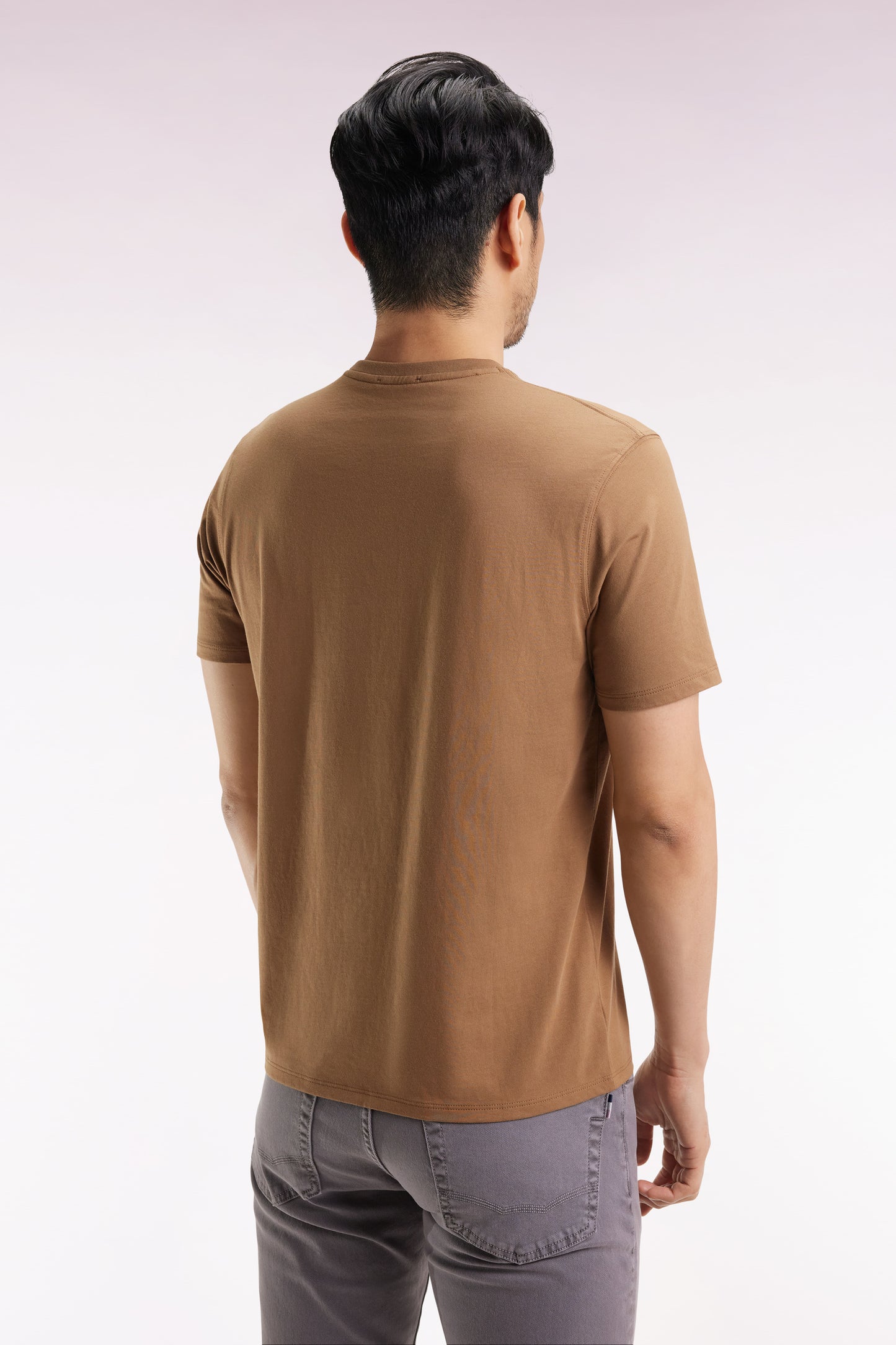 Short-sleeved round-neck T-shirt in camel Pima cotton
