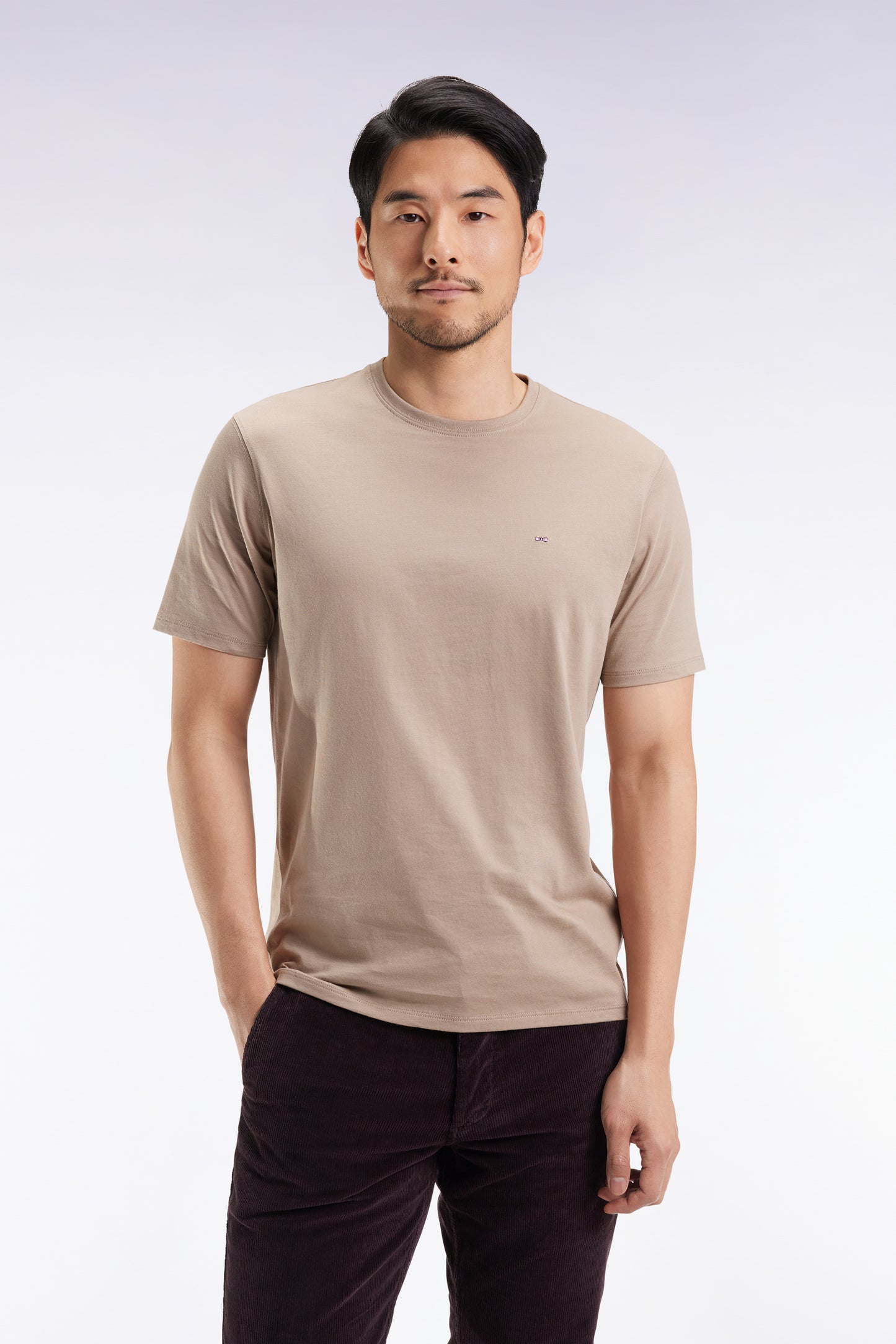 Short-sleeved round-neck T-shirt in beige Pima cotton