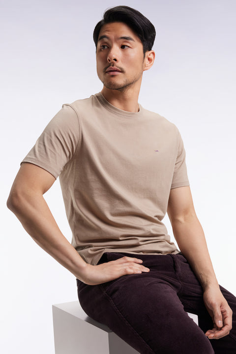 Short-sleeved round-neck T-shirt in beige Pima cotton - Image 1
