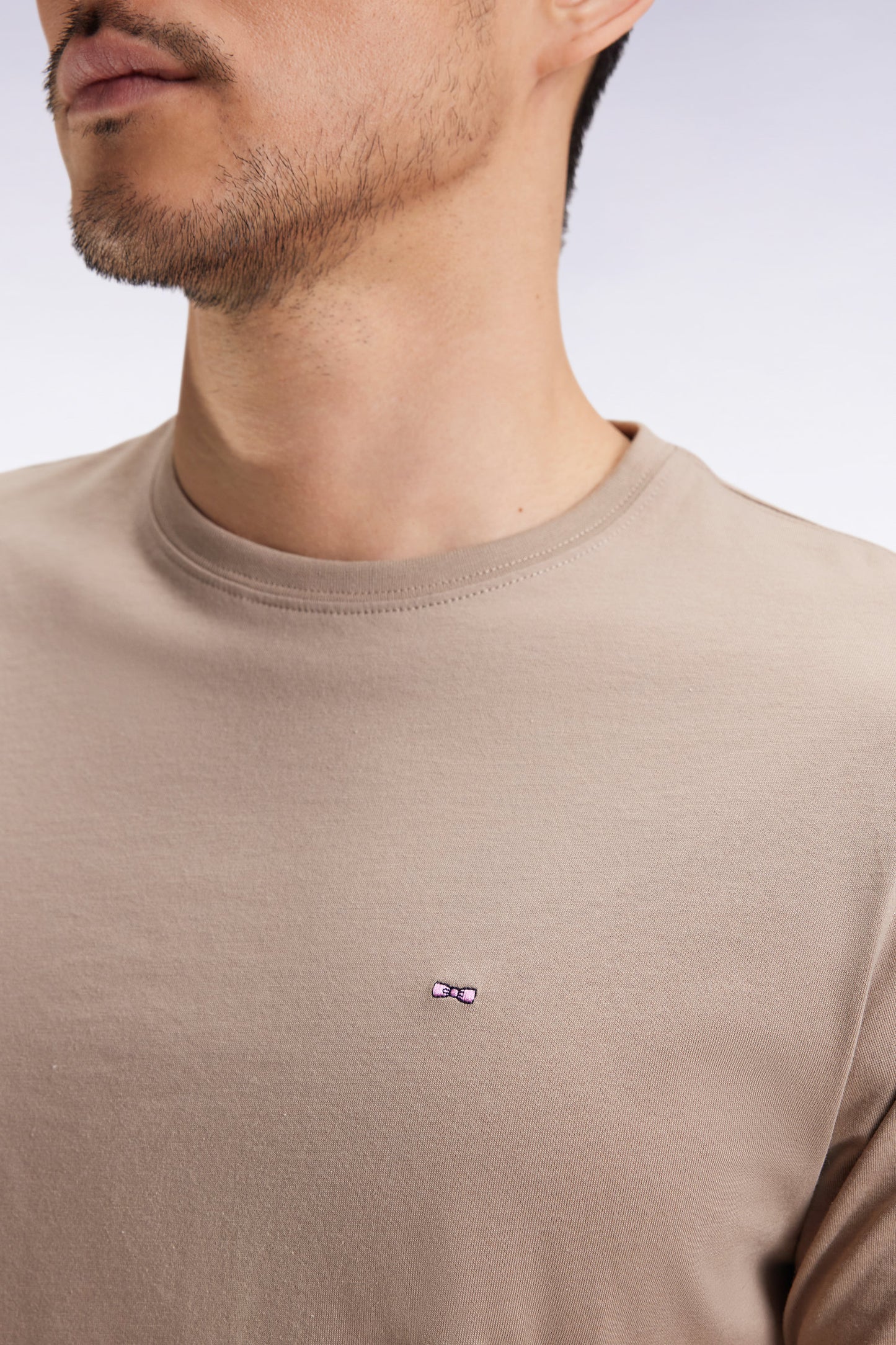 Short-sleeved round-neck T-shirt in beige Pima cotton