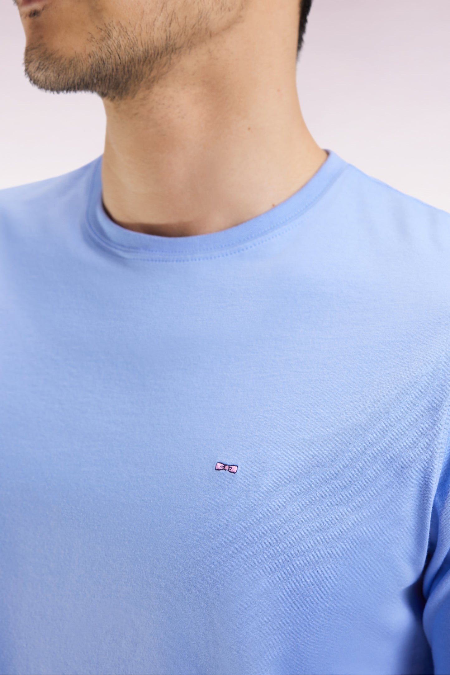 Short-sleeved round-neck T-shirt in sky blue Pima cotton