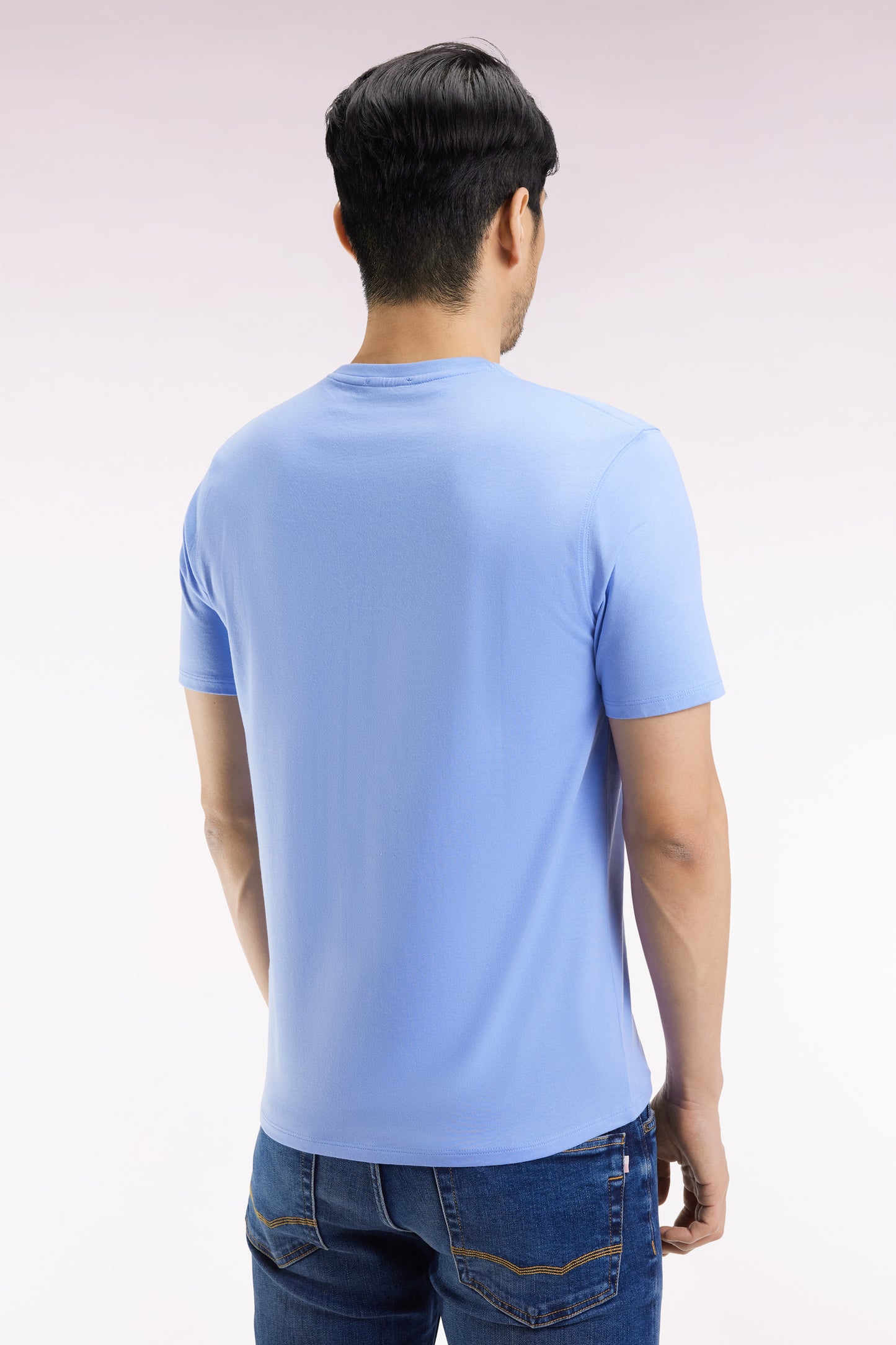 Short-sleeved round-neck T-shirt in sky blue Pima cotton