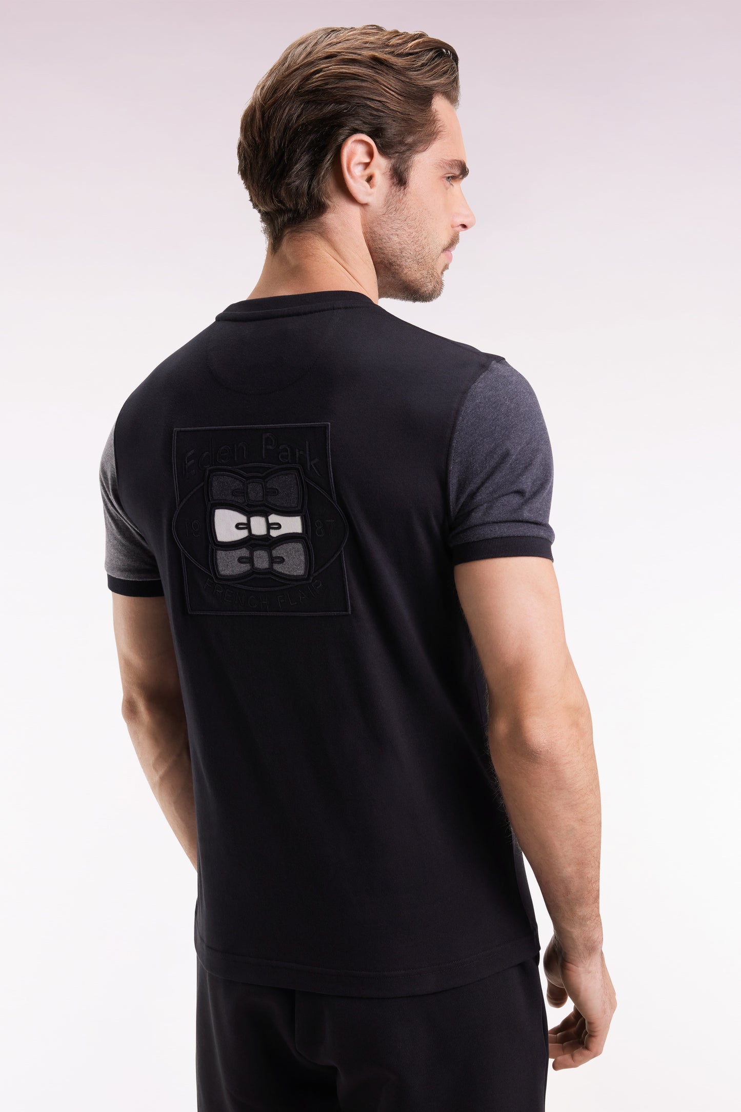 Black cotton T-shirt with contrasting short sleeves