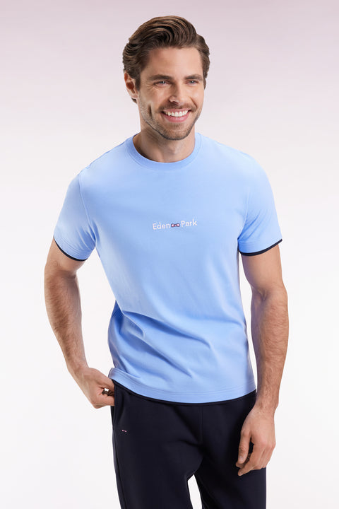 Eden Park embroidered short-sleeved T-shirt in sky cotton - Image 3