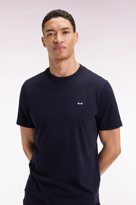 Short-sleeved navy cotton embroidered back T-shirt - Image 1