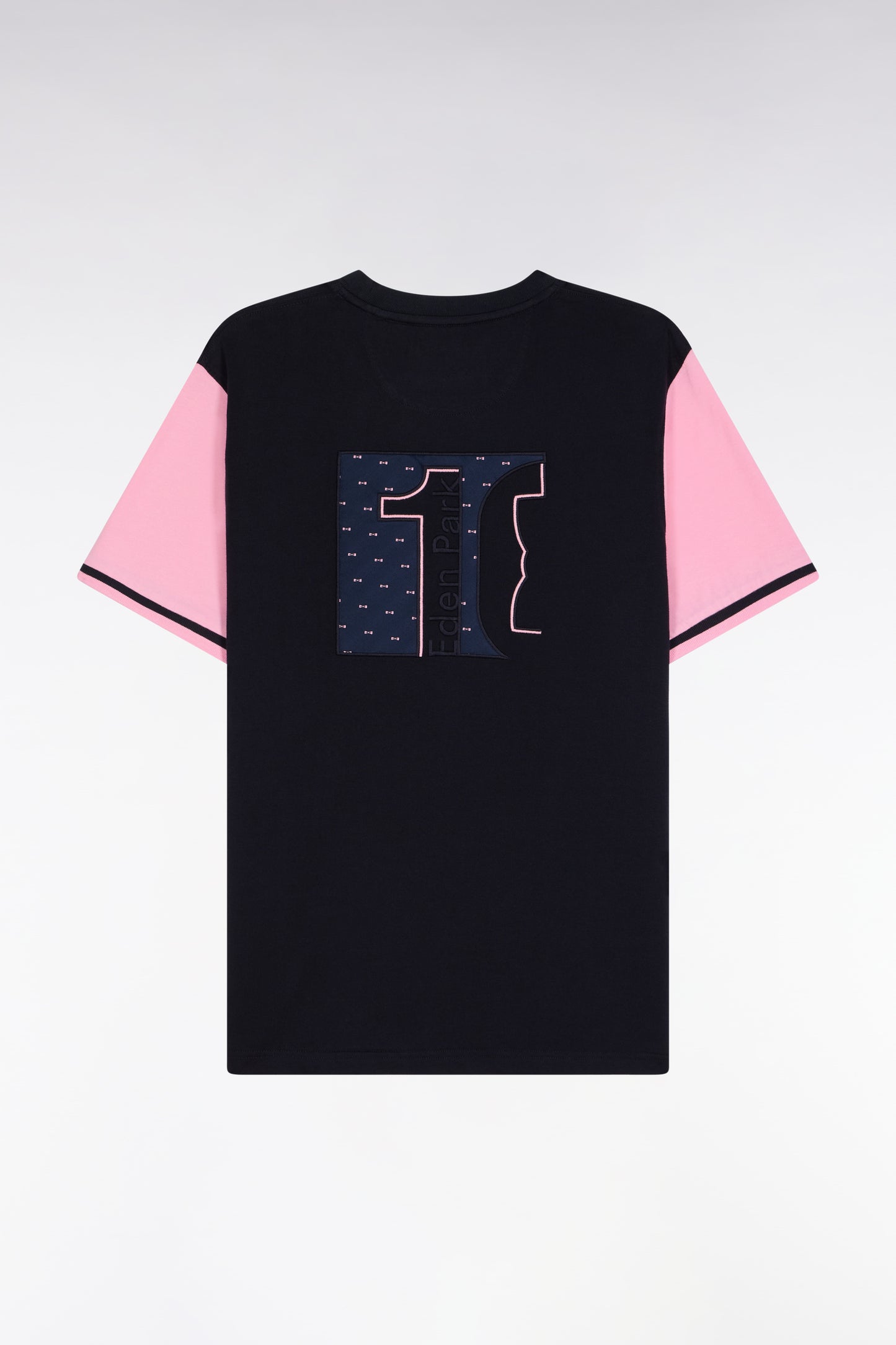 Two-tone short-sleeved T-shirt in navy and pink embroidered cotton