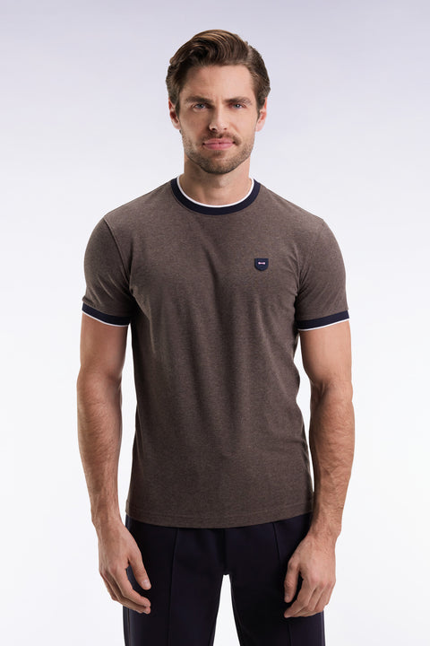 Short-sleeved T-shirt in brown stretch cotton, slim fit - Image 3
