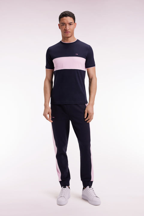 Two-tone short-sleeved T-shirt in navy and pink cotton - Image 1