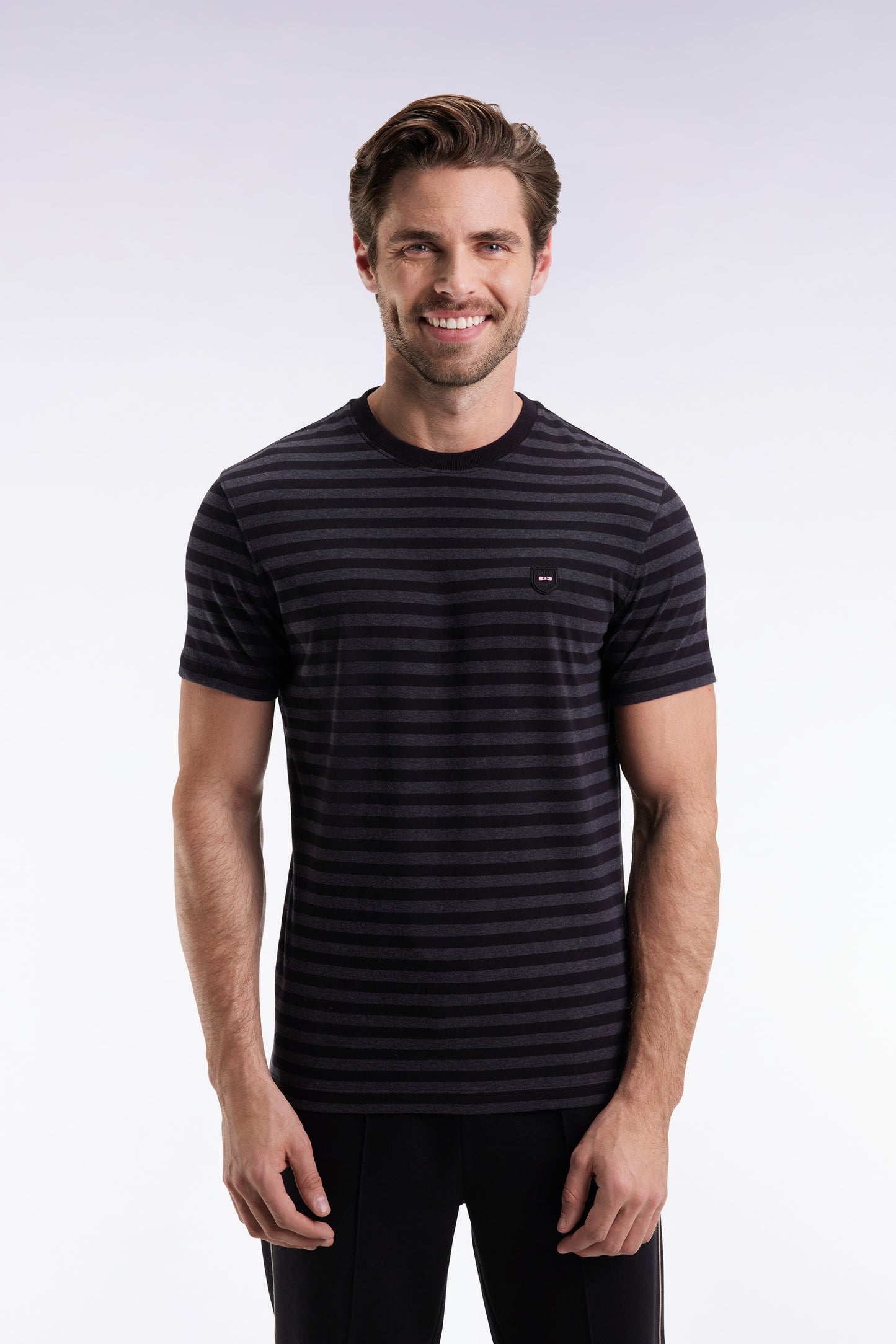Short-sleeved T-shirt in black and grey striped cotton jersey