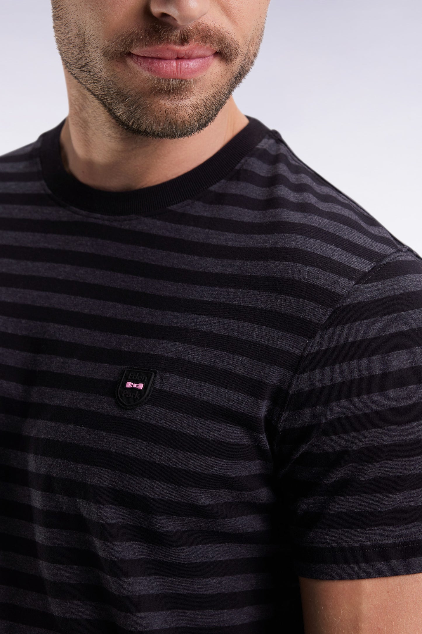 Short-sleeved T-shirt in black and grey striped cotton jersey