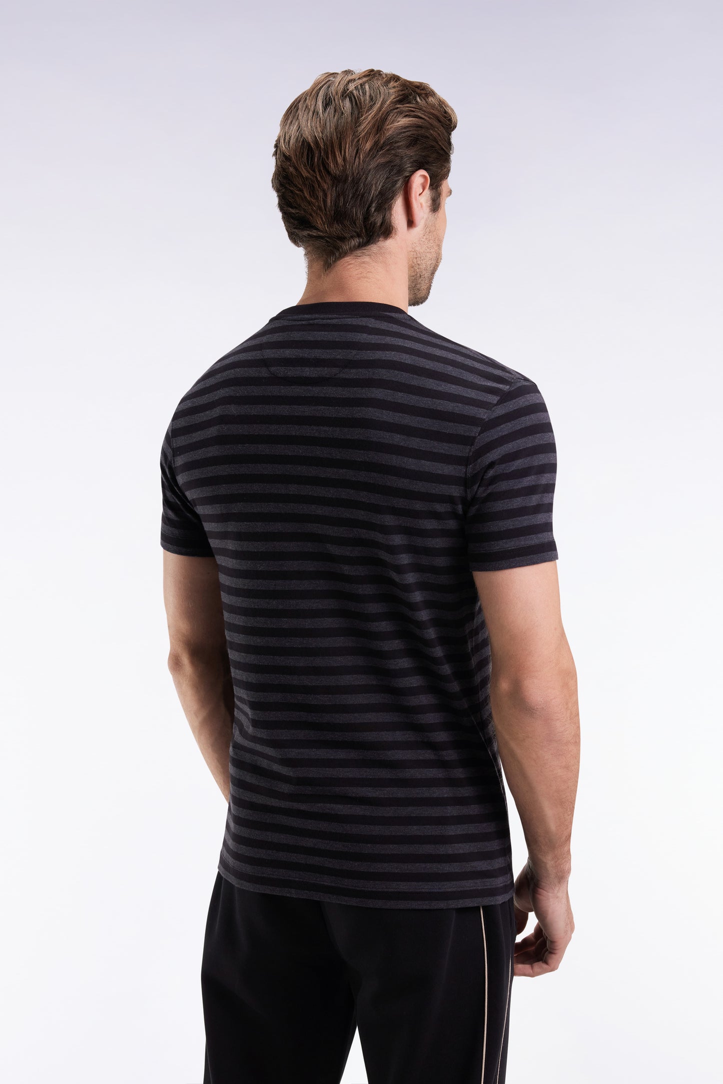 Short-sleeved T-shirt in black and grey striped cotton jersey