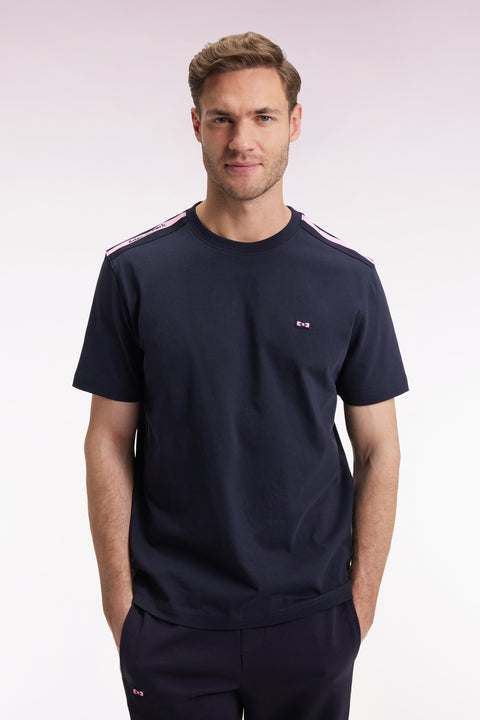 Short-sleeved T-shirt in navy cotton with shoulder stripes - Image 3