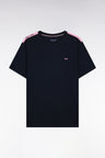 Short-sleeved T-shirt in navy cotton with shoulder stripes