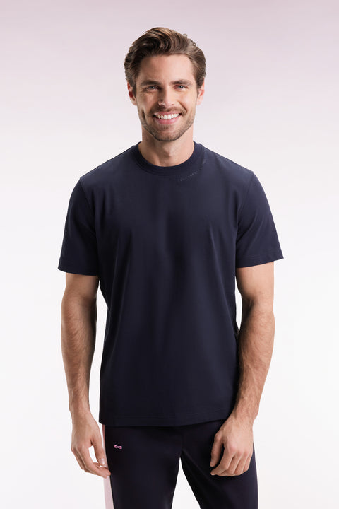 Short-sleeved navy cotton T-shirt with logo - Image 3