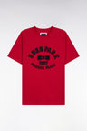Short-sleeved T-shirt in red cotton with velvet-effect print
