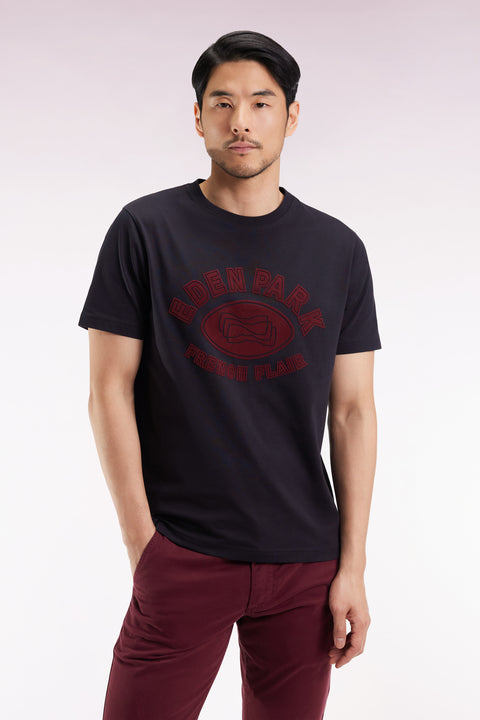 Short-sleeved T-shirt in black cotton with velvet-effect print - Image 3