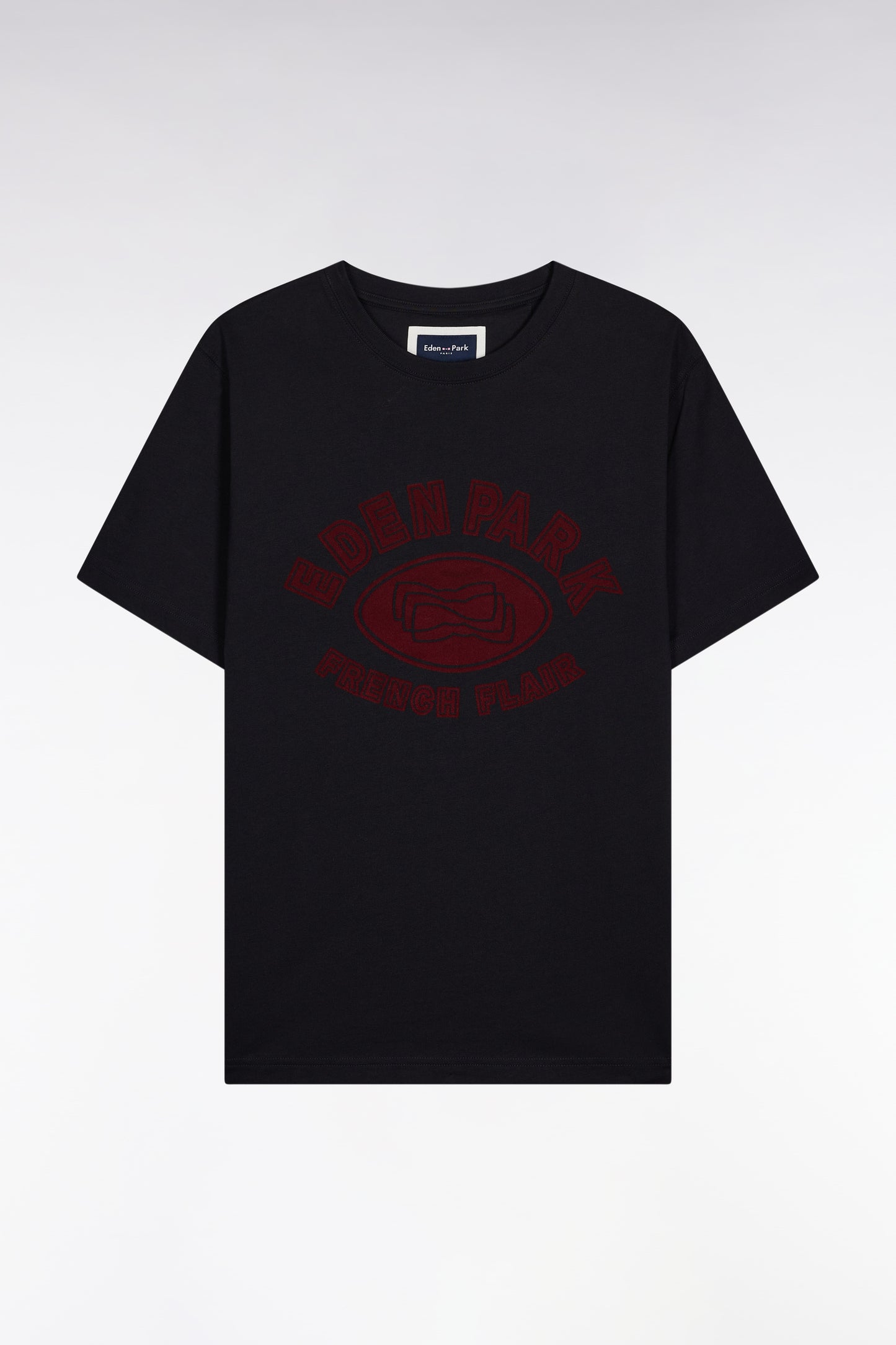 Short-sleeved T-shirt in black cotton with velvet-effect print