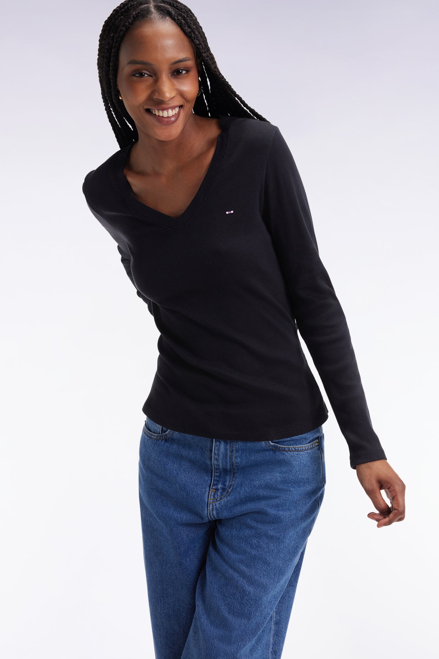 Long-sleeved T-shirt in black ribbed Pima cotton, slim fit