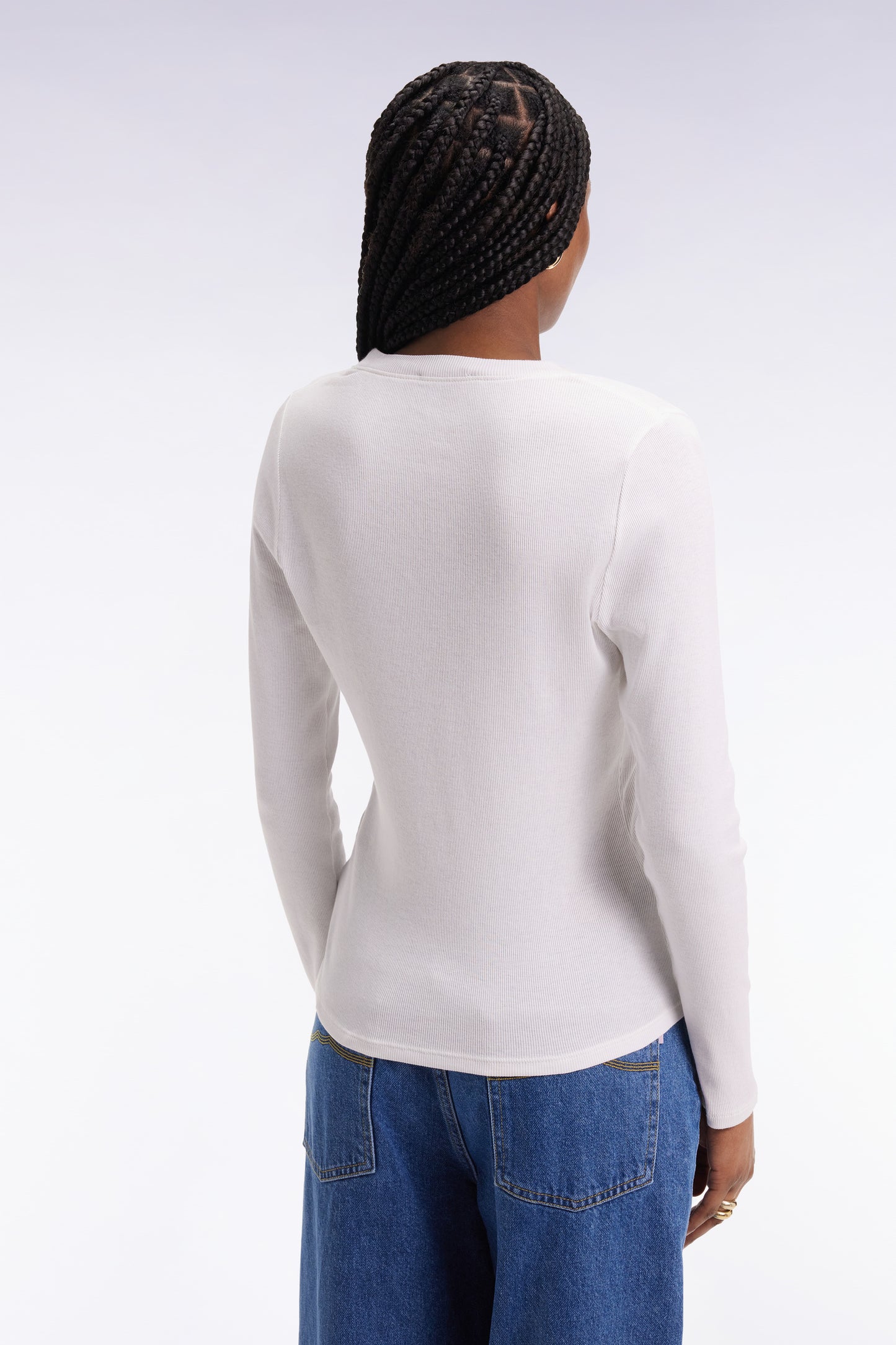 Long-sleeved T-shirt in white ribbed Pima cotton, slim fit