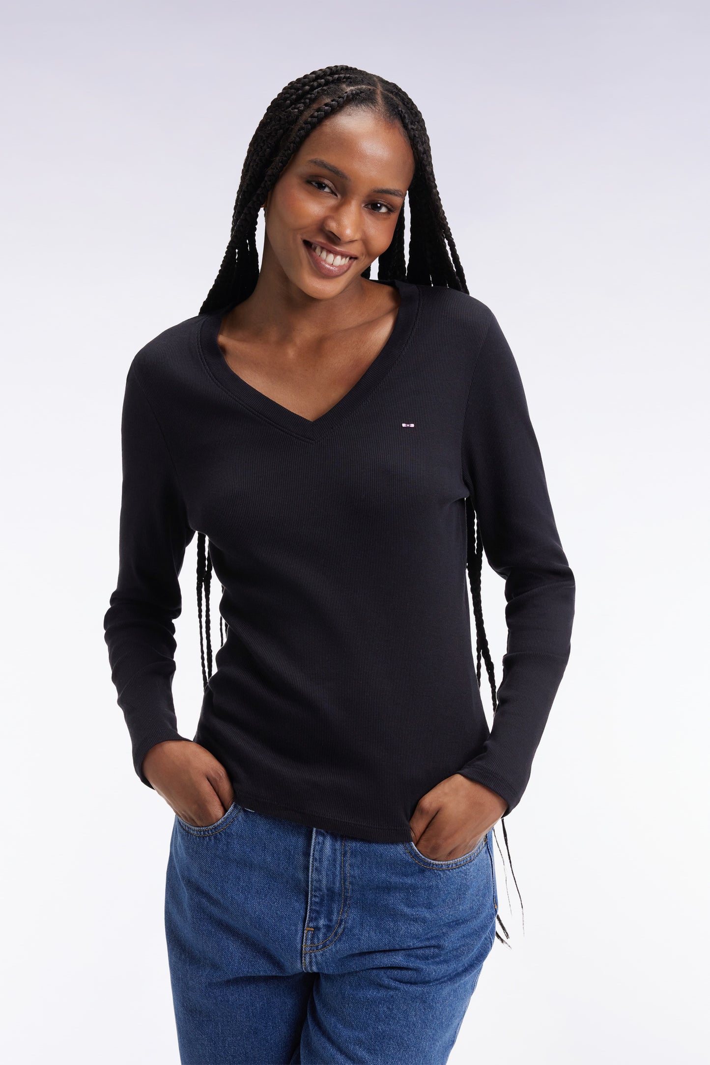 Long-sleeved T-shirt in black ribbed Pima cotton, slim fit
