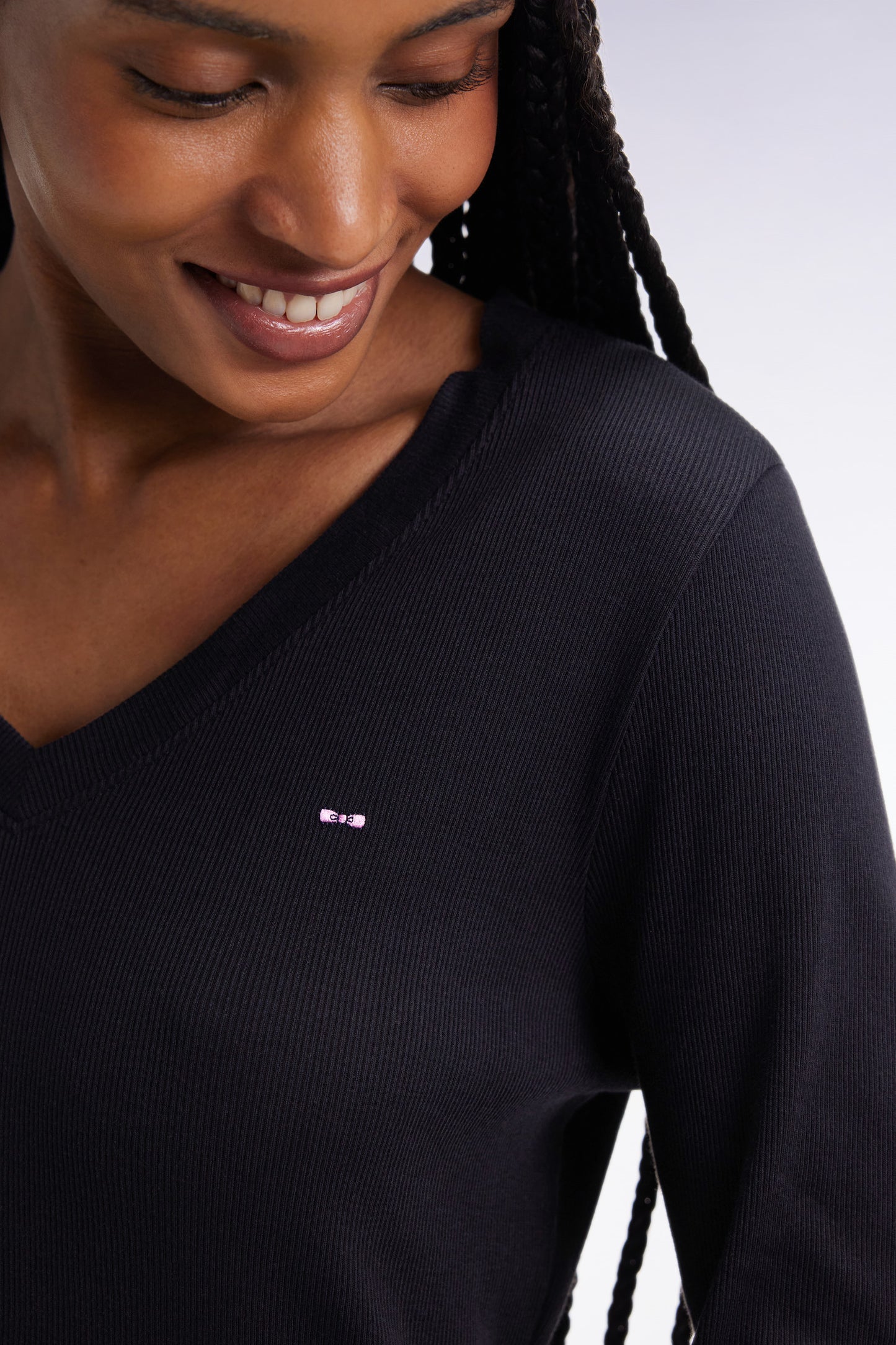 Long-sleeved T-shirt in black ribbed Pima cotton, slim fit