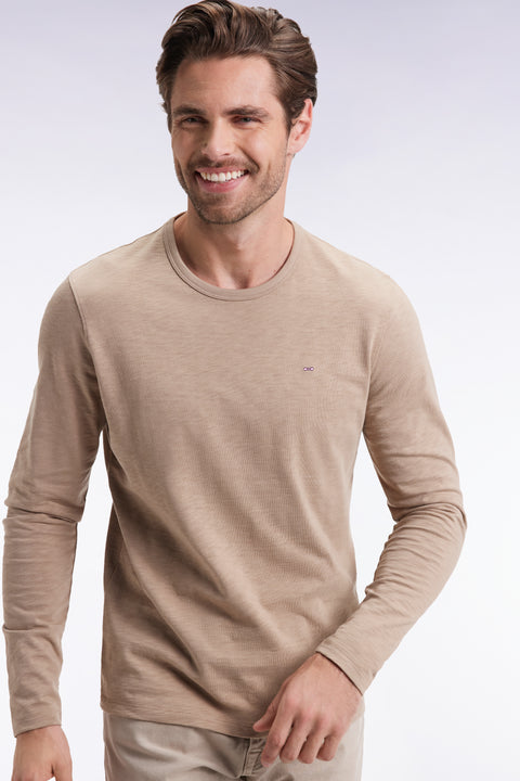 Long-sleeved T-shirt in beige slub cotton - Image 1