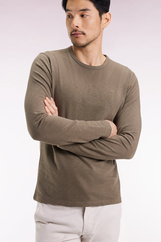 Long-sleeved T-shirt in khaki slub cotton