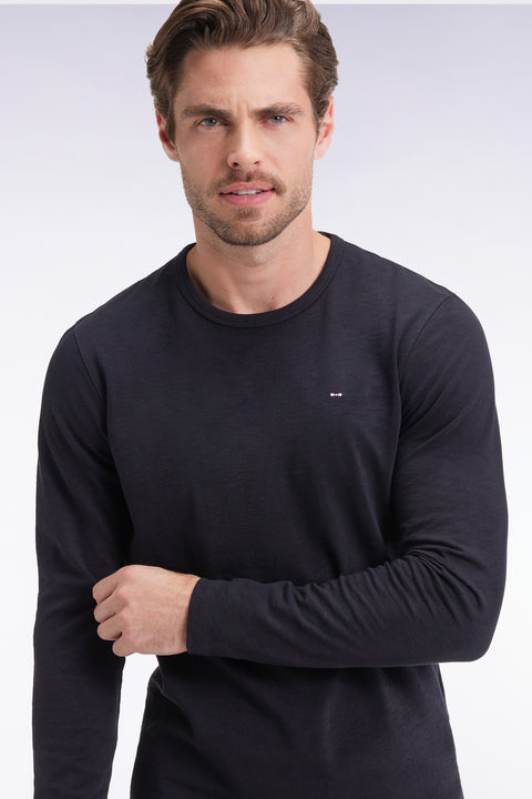 Long-sleeved T-shirt in black slub cotton - Image 1