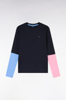 Navy cotton two-tone long-sleeved T-shirt, straight cut